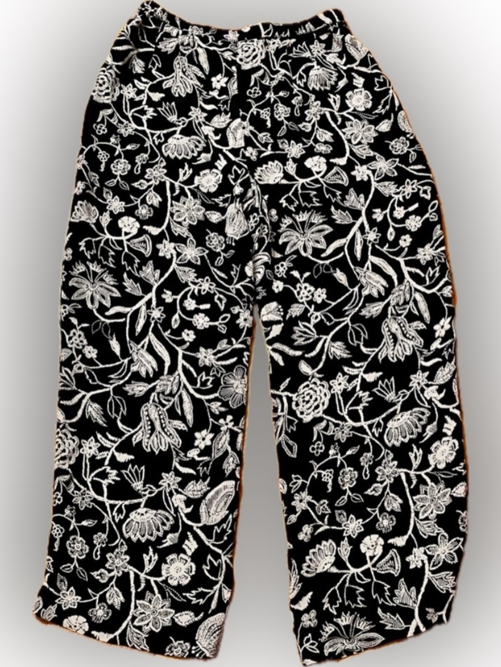 Sara Campbell Petite 10P Floral Wide Leg Pants Lined High Rise Black White Crop